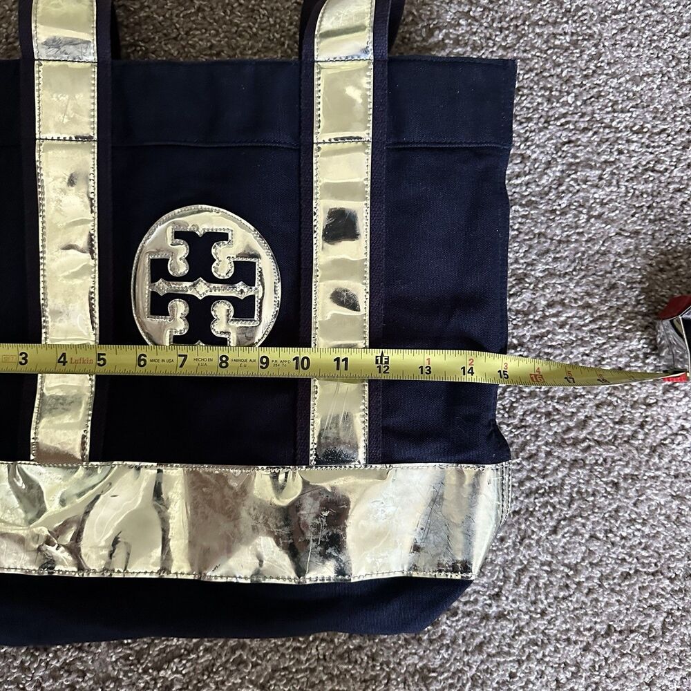 TORY BURCH Large Canvas Tote Navy Blue Shopper Bag Metallic Top Handle - Picture 11 of 16